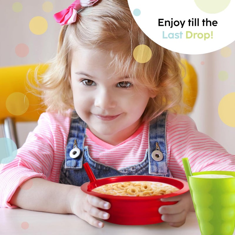 PLASKIDY Cereal Bowls with Straws & Kids Straw Cups - Set of 4 Kids Plastic Bowls with Straws & 4 Straw Cups for Kids BPA Free Dishwasher Safe Kids Bowls with Built-In Straw Include 3 Cleaning Brushes - Image 3